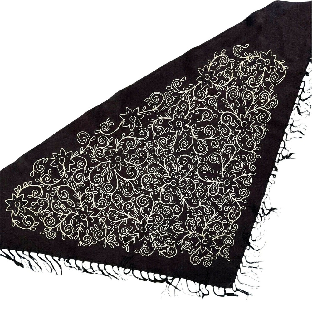 Cejon Accessories Beaded Scarf Floral Embroidered Fringe Triangle Brown‎ India